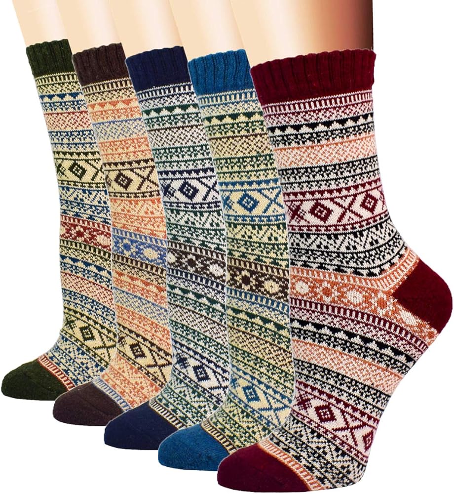 YZKKE 5Pack Womens Vintage Winter Soft Warm Thick Cold Knit Wool Crew Socks, Multicolor, free size