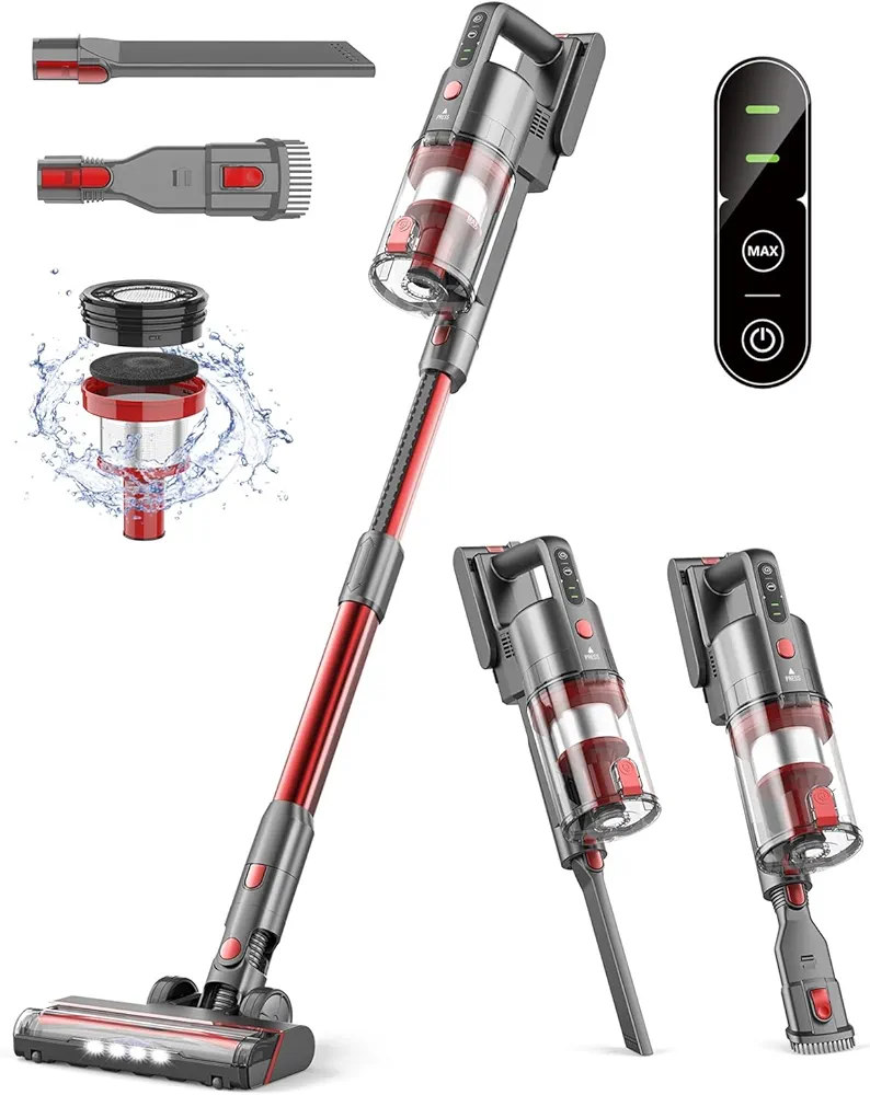 Cordless Stick Vacuum Cleaner, 7 in 1 Lightweight Wireless Vacuum with 85,000PRM Motor and 2 Adjustable Modes, Powerful Suction Vacuum Cleaners (Begonia Red)