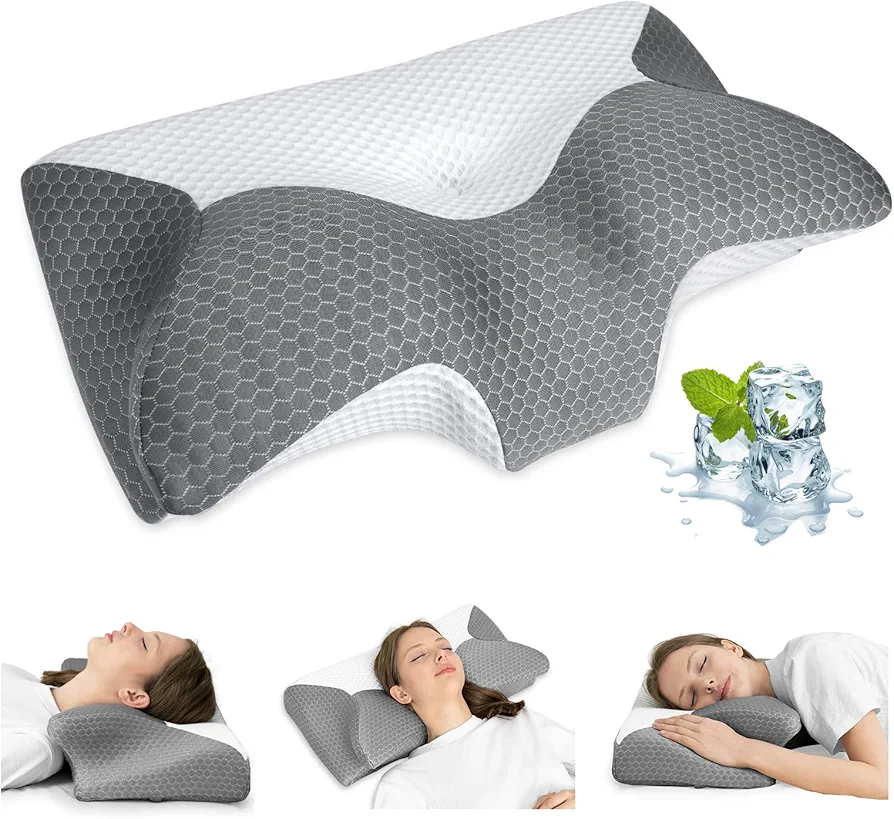 HOMCA Cervical Pillow, Ergonomic Memory Foam Pillow for Neck and Shoulder Pain Relief with Cooling Ice Silk Pillowcase, Orthopedic Neck Bed Pillow for Side, Back and Stomach Sleepers