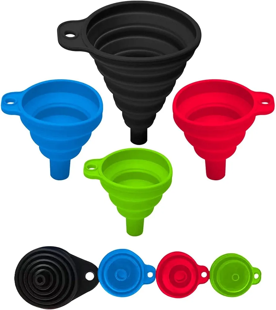 Set of 4 Silicone Collapsible Kitchen Funnel - X-Small to Large Sizes for Easy Liquid Transfer Food Grade Silicone Collapsible Gadgets (Multicolor)