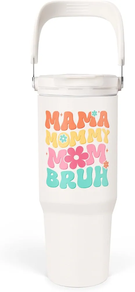 Funny Mom Tumbler 30oz, Mama Mommy Mom Bruh Stainless Steel Insulated Coffee Travel Mug with Handle & Flip Straw Lid, Gifts for Mommy, Presents for Mom for Christmas Birthday Mothers Day Valentines