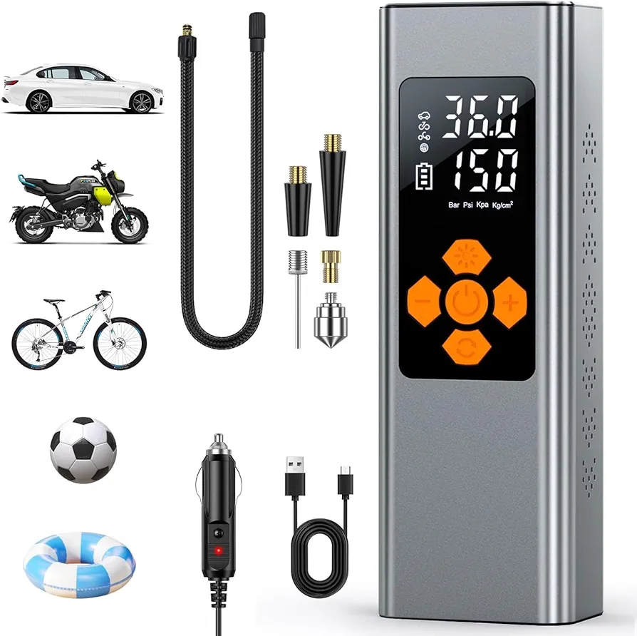 Pumteck Tire Inflator Portable Air Compressor: 150PSI Tire Pump with Dual Power Included 7800mAh Battery & 12v DC Adapter - Electric Wheel Pump with LED Digital Display for Car Motorcycle Bike Ball