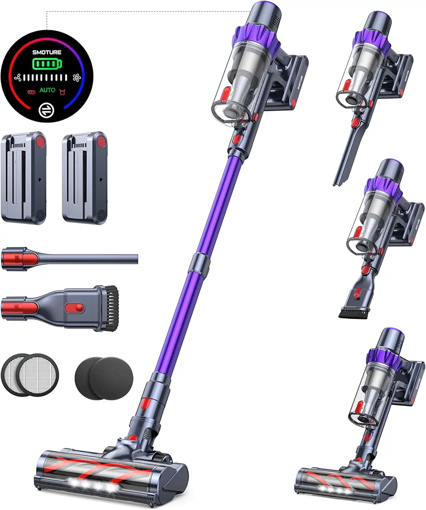 Cordless Vacuum Cleaner, 2 Batteries 110 Mins Runtime Vacuum Cleaners for Home, 40KPA 450W Stick Vacuum with Brushless Motor, Automatically Adjust Suction, Handheld Vacuum for Pet Hair/Carpet/Floor