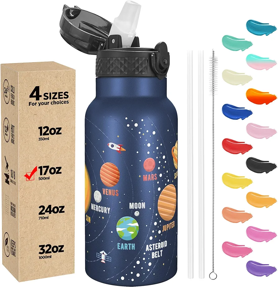 Han's Bottle Kids Water Bottle with Straw Lid - Insulated Stainless Steel Reusable Tumbler for Girls,Boys,Thermo Mug,17oz,Space Planet