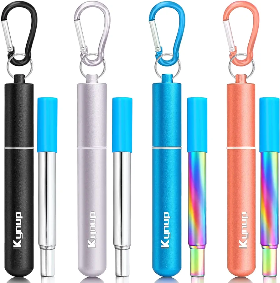 Kynup Reusable Straws, 4Pack Collapsible Portable Metal Straw Reusable Foldable Stainless Steel Drinking Travel Telescopic Straw with Case, Clean Brush, Keychain Gifts (Blue-Black- Rose Gold-Silver)