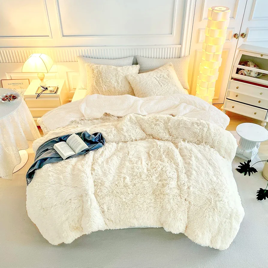 Faux Fur Shaggy Comforter Set Queen 3 Pieces - 1 Cream White Comforter Set with Sherpa and 2 Pillowcases, Ultra Soft and Easy Care Luxury Plush Shaggy Super Soft and Warm Beige Duvet Set