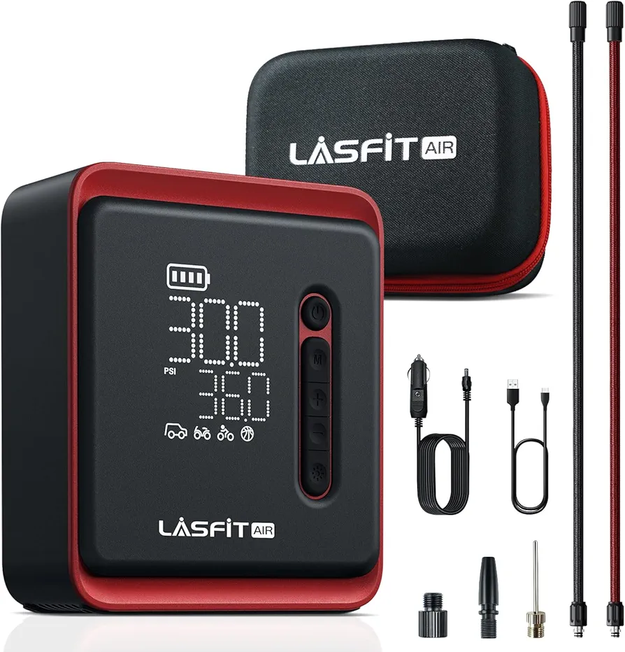 LASFIT CR1 Car Tire Inflator Portable Air Compressor [2024 Ultimate 3X Fast Inflation] Air Pump for Car Tires w/Digital Pressure Gauge, Auto Stop, 150PSI Electric 7800mAh Cordless 12V Corded Dual-Use