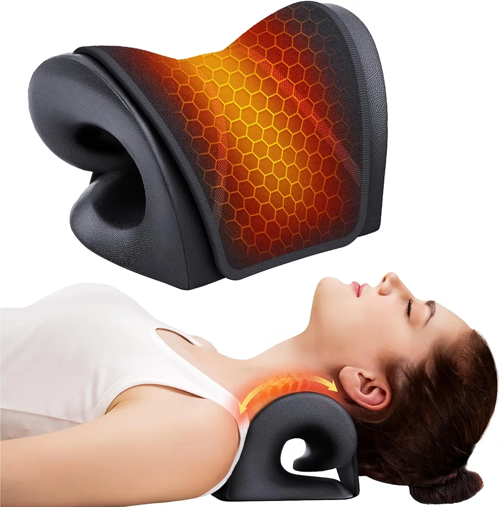 Neck Stretcher with Larger Graphene Heating Pad, Heated Cervical Traction Device in "e"-Shape for Moderate Neck Traction & Neck Pain Relief, Neck Relaxer with 6 Heat Levels & 3 Timer Functions