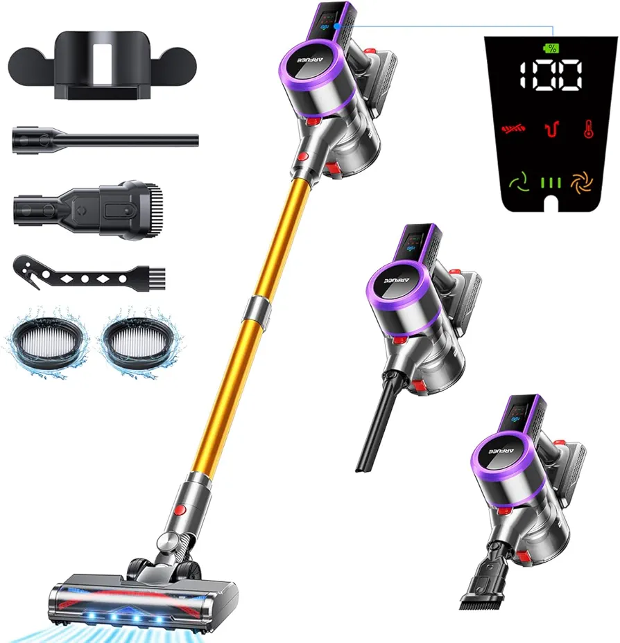 Cordless Vacuum Cleaner, 45000Pa/550W Powerful Vacuum Cleaners for Home, 60 Mins Runtime, LED Display, 1.5L Cup, Anti-Tangle Brush, Lightweight, Ultra-Quiet, Cordless Stick Vacuum Cleaner