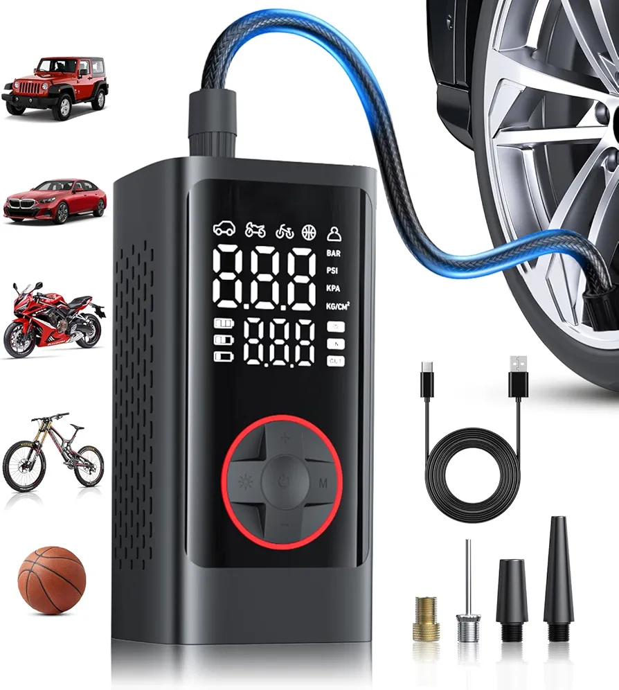 Tire Inflator Portable Air Compressor, Cordless Air Pump for Car Tires, 150PSI Portable Tire Inflator for Car, LCD Dual Screen, Electric Air Pumps for Car Bike Motorcycle Balls