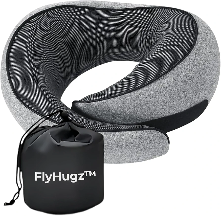 FlyHugz® Neck Travel Pillow | Memory Foam Neck Pillow for Comfort on Airplane | Compact and Ergonomic Design for Travel, Car Rides, and Home Use | Ideal for Adults and Kids