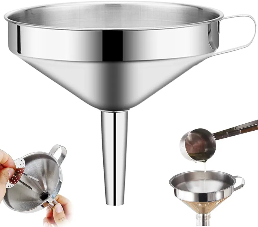 Stainless Steel Funnel Filter, 2024 New Food Grade Kitchen Funnels with Removable Strainer Cleaning Brush, Perfect for Transferring of Liquid Oils Jam Dry Ingredients Powder (Silver, 4.9 inch)