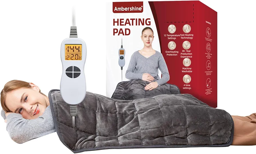 Ambershine 17''x33'' Weighted Heating Pad, 5.2lbs with 12 Temperature Settings & 4 Auto-Off Timers, Pain Relief for Back/Neck/Shoulders/Abdomen/Legs, Christmas Gifts for Mom Dad Women Men(Dark Grey)