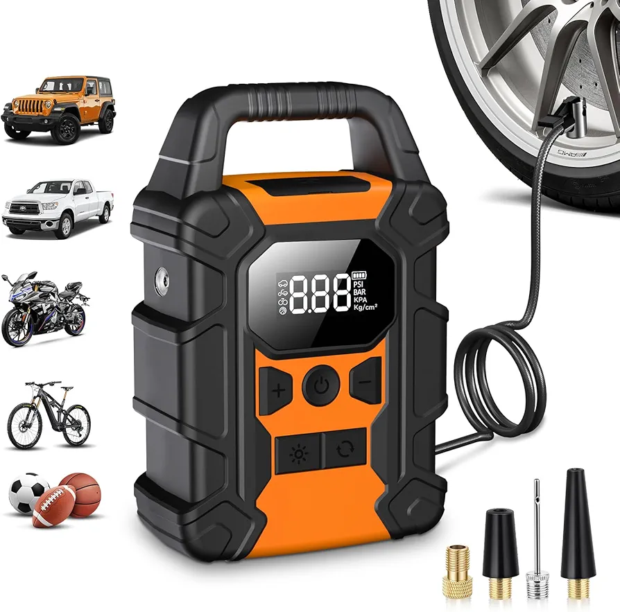 OMQ Tire Inflator Portable Air Compressor, Cordless Air Pump for Car Tires, Car Accessories 150PSI with LED Light for Cars, Balls, Motorcycles, Bicycle