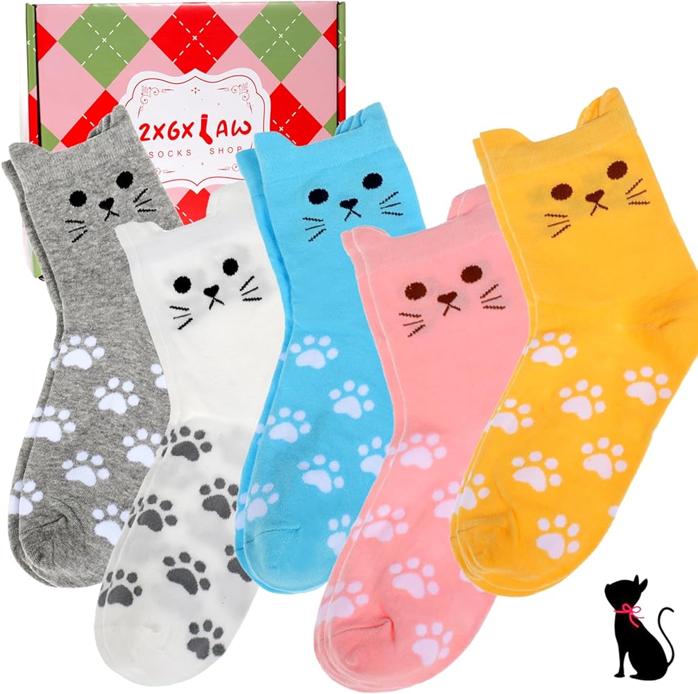 ZXGXLAW 5 Pack Women's Cat Socks Colorful Cute Funny Crew Socks,Novelty Gifts for Teenage Girls Girlfriend Animal Lovers