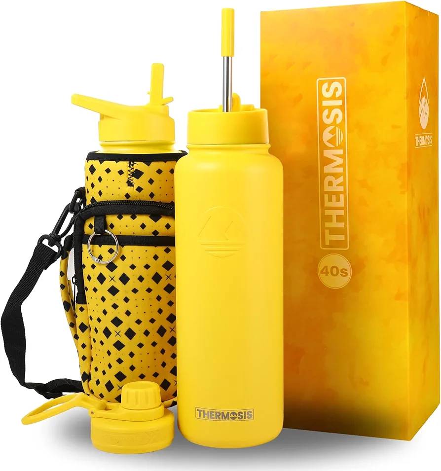 40 Oz Water Bottle With Straw, Insulated Water Bottle With Wide Mouth Opening and 3 Lids - Includes Sports Water Bottle Holder With Strap (W/ 40 OZ Sleeve) - Yellow