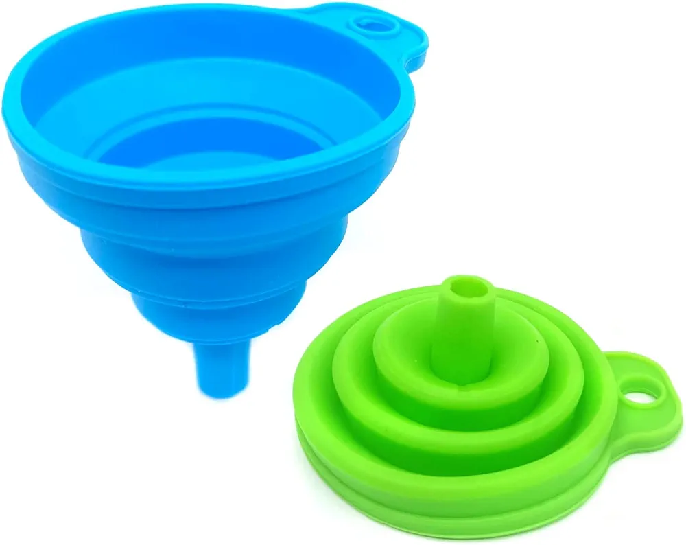 Medsuo 2pcs Portable Collapsible Funnel Silicone Kitchen Gadgets Accessories Foldable Hopper Funnel for Oil Water Powders Liquid Filling Bottles or Containers (Blue and Green)