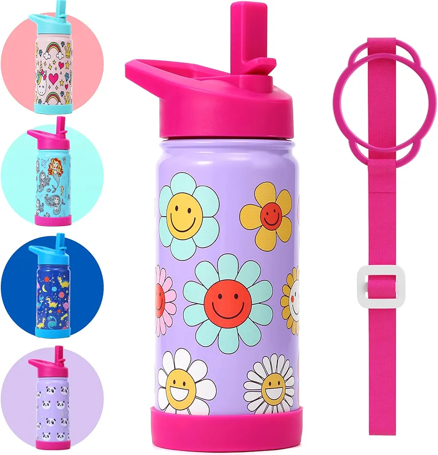 Kids Insulated Water Bottle with Straw Lid, 14oz Double Wall Stainless Steel Cup with Boot & Strap, Leakproof Vacuum Insulated Kid Water Bottle for School Boys Girls (Flower)