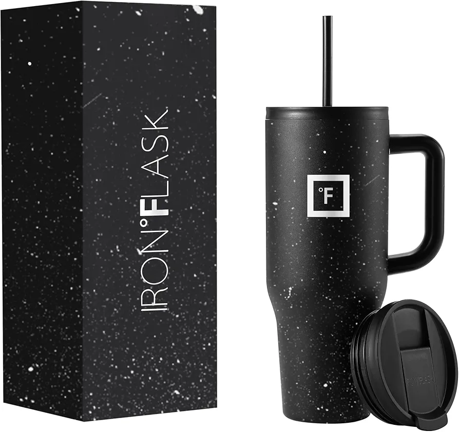 IRON °FLASK Co-Pilot Insulated Mug w/Straw & Flip Cap Lids - Cup Holder Bottle for Hot, Cold Drink - Leak-Proof- Water, Coffee Portable Travel Tumbler - Black Speckle, 40 Oz