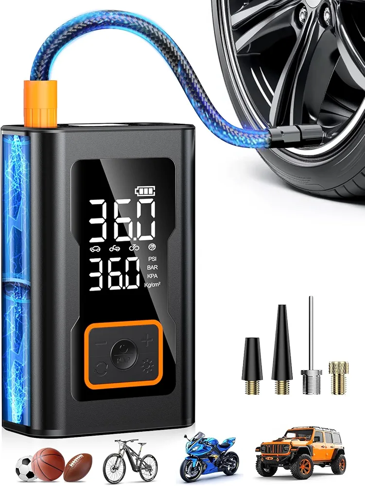 Tire Inflator Portable Air Compressor,150 PSI Bike Tire Pump - Compact Air Pump for Car Tires,Bicycle,Motorcycle,Ball,Rechargeable Tire Inflator with Digital Pressure Gauge and LED Lighth