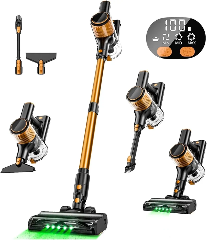 Cordless Vacuum Cleaner, 350W/30Kpa 8-in-1 Stick Vacuum with Anti-Tangle Brush, Upgraded Green LED Light, 40min Runtime, Lightweight Rechargeable Vacuum for Home, Hardwood Floors, Carpets (Orange)