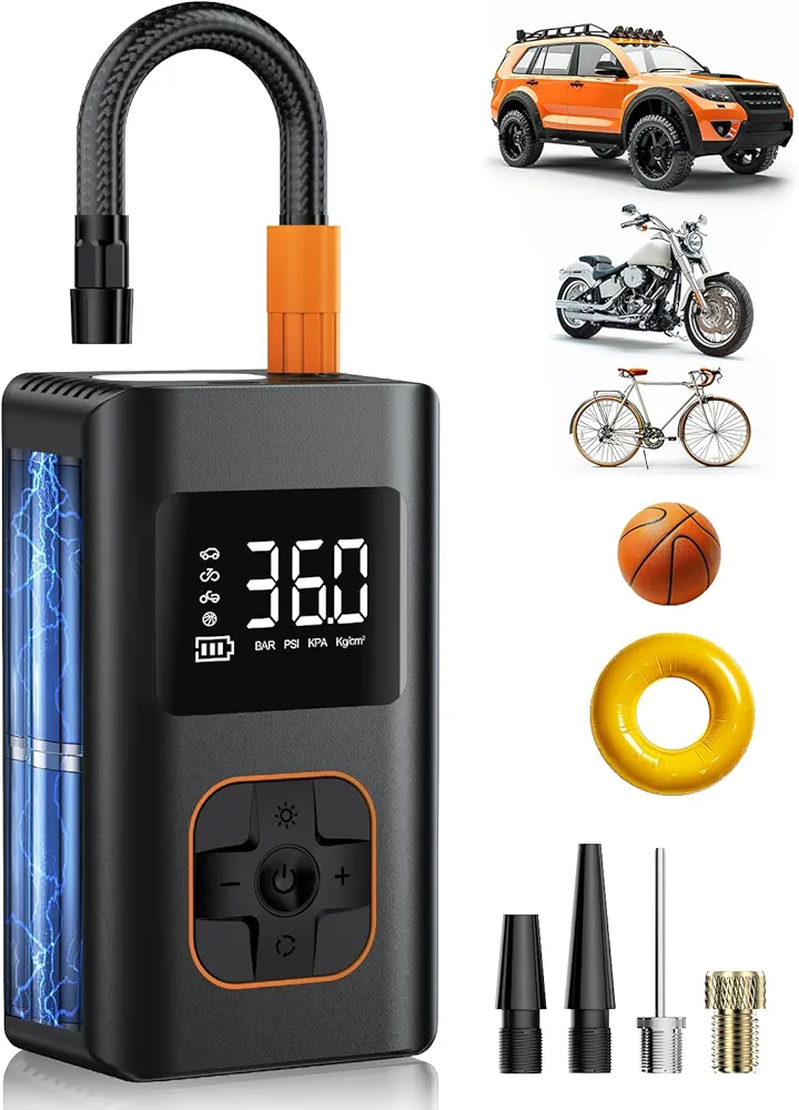 Tire Inflator Portable Air Compressor, 8000mAh Cordless Air Pump for Car Tires, 150 PSI Electric Bike Tire Pump with LED Light and Digital Pressure Gauge for Motorcycle, Auto, Ball, Bicycle