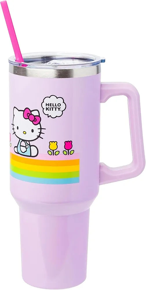 Silver Buffalo Sanrio Hello Kitty Spring and Summer Flowers Rainbow Stripes Stainless Steel Tumbler with Handle and Straw, Fits in Standard Cup Holder, 40 Ounces