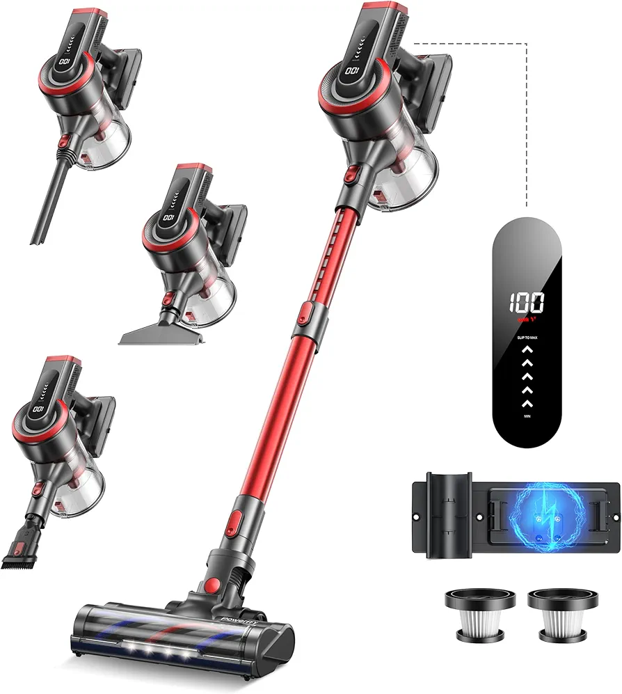 Cordless Vacuum Cleaner, 40kPa/450W Stick Cordless Vacuum Up to 55 Mins Runtime with LED Touch Screen, Anti-Tangle Vacuum Cleaner with Charging Station for Carpet Hard Floor Pet Hair