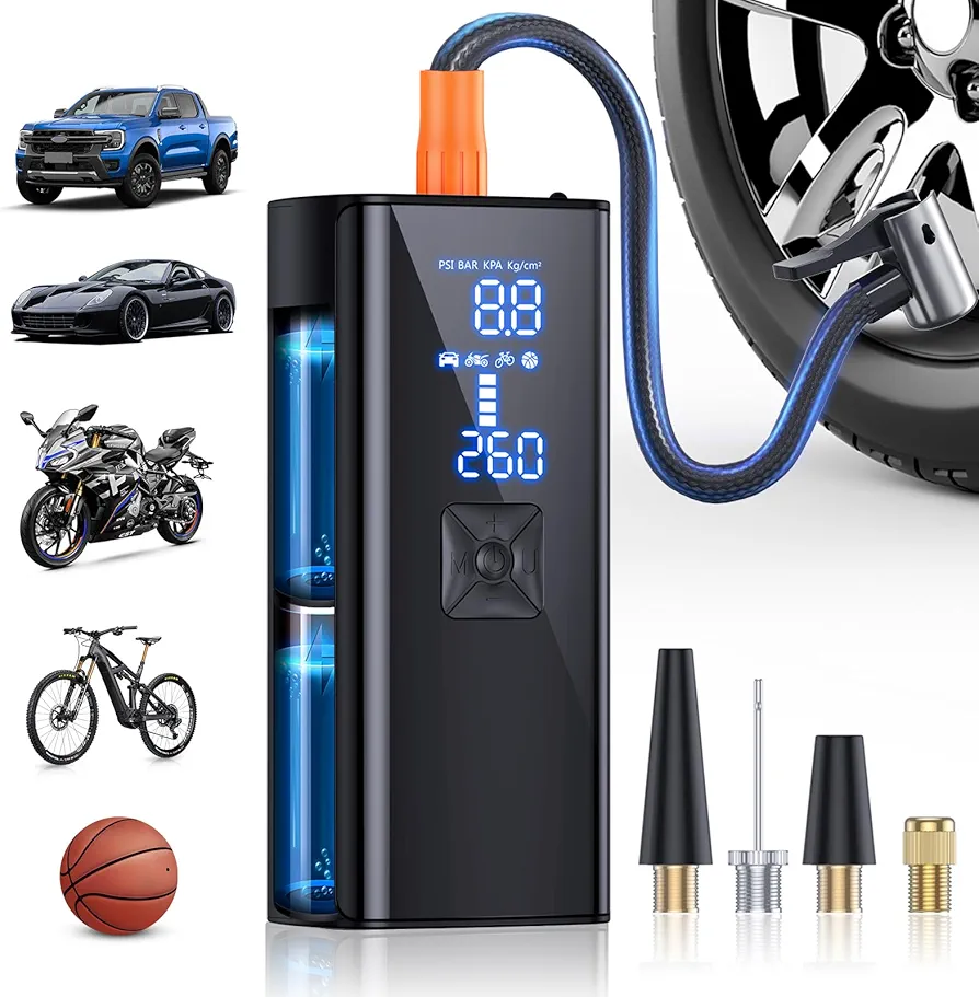 Tire Inflator Portable Air Compressor, 150PSI & 25000mAh Portable Air Compressor with Digital Pressure Gauge, 2X Faster Inflation Cordless Air Pump for Car, Motorcycle, Bicycle and More