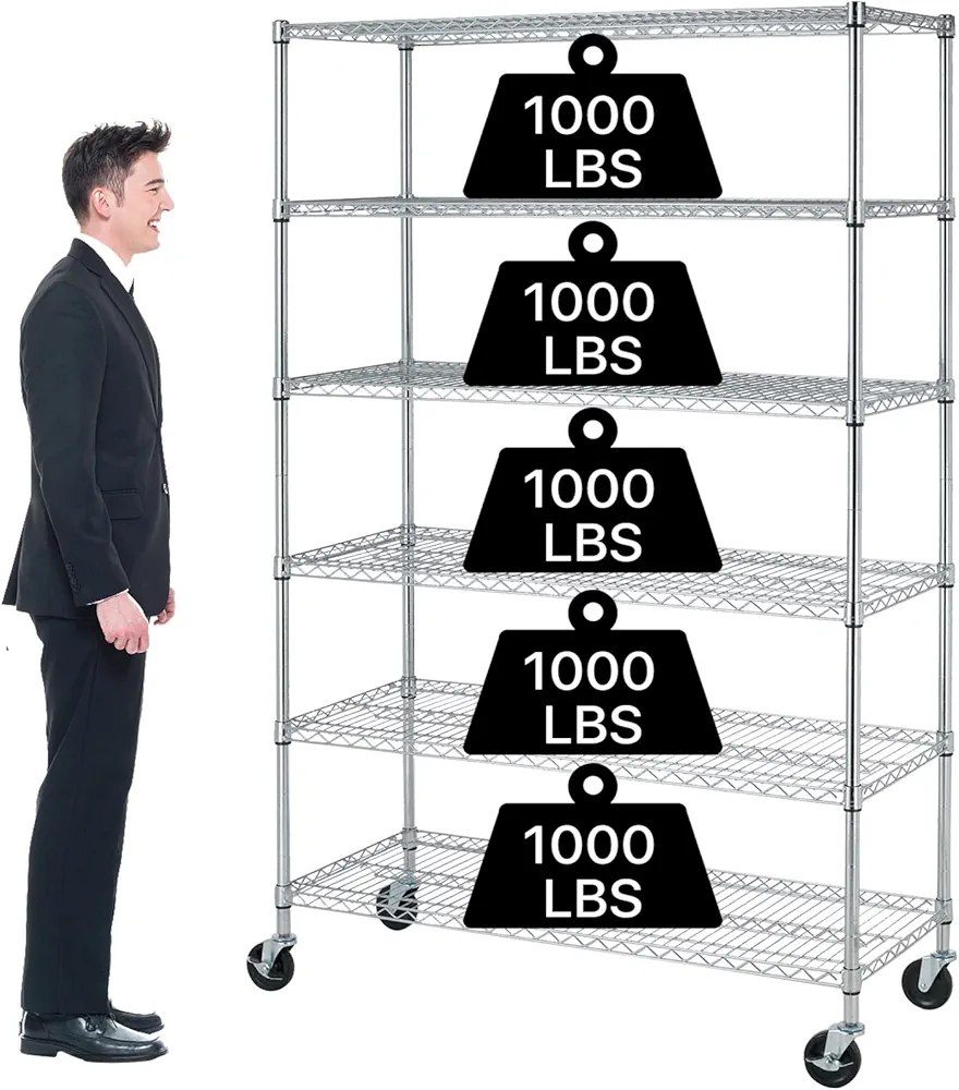 6 Tier Storage Shelves Metal Wire Shelving Unit with Wheels, 6000LBS Weight Capacity Heavy Duty NSF Height Adjustable Garage Shelving Steel Commercial Grade Shelf Rack for Garage Kitchen Pantry