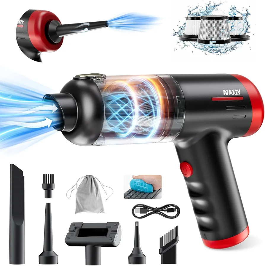 Car Vacuum Portable Cordless Vacuum for Car with 16000Pa Powerful Suction, Handheld Vacuum and Air Duster 4 in 1, Mini Vacuum with Cleaning Gel, Ideal for Car, Home, Pet, Office