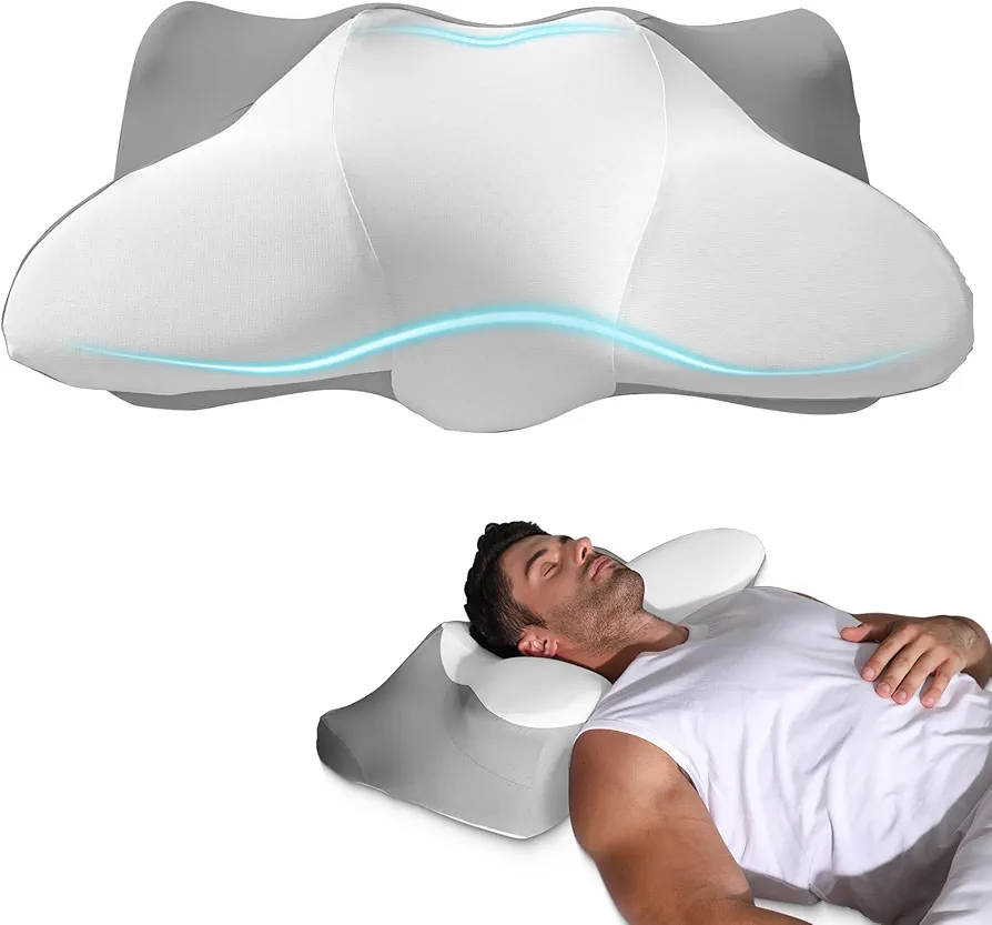 Ergonomic Memory Foam Pillow for Neck Pain Relief - Orthopedic Contour Cervical Pillow for Sleeping, Supportive Comfort for Back, Side, Stomach Sleepers (White Gray)