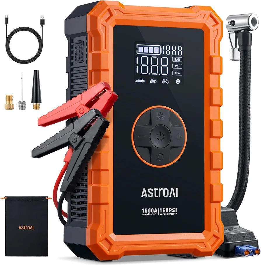 AstroAI S8 Air Jump Starter with Air Compressor, 1500A Car Battery Jumper Starter Portable (6.0 Gas/3.0L Diesel) with 150PSI Cordless Auto-Shutoff Tire Inflator, 12V Battery Charger Booster(Orange)