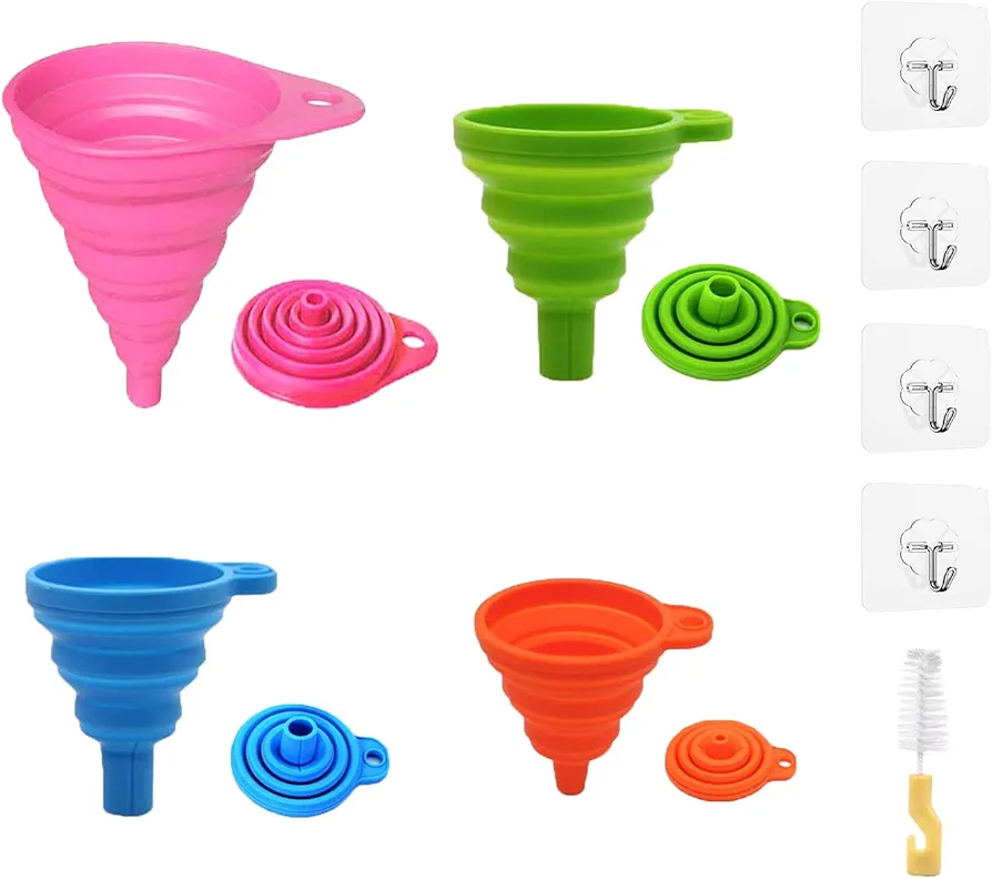 Silicone Collapsible Funnel Set of 4, Silicone funnel, Food Grade Silicone Collapsible Funnel, Funnels for Filling Bottles, Kitchen Funnel, with 1 Cleaning Brush4 Self-adhesive Hooks