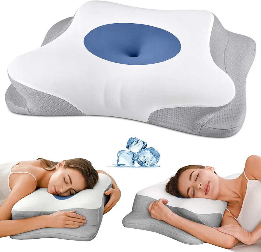 Cervical Neck Pillow - Contour Bed Pillow for Neck Pain Relief, Ergonomic Orthopedic Side Sleeper Pillow for Sleeping, Cooling Memory Foam Pillows for Back & Stomach Sleepers with Pillowcase