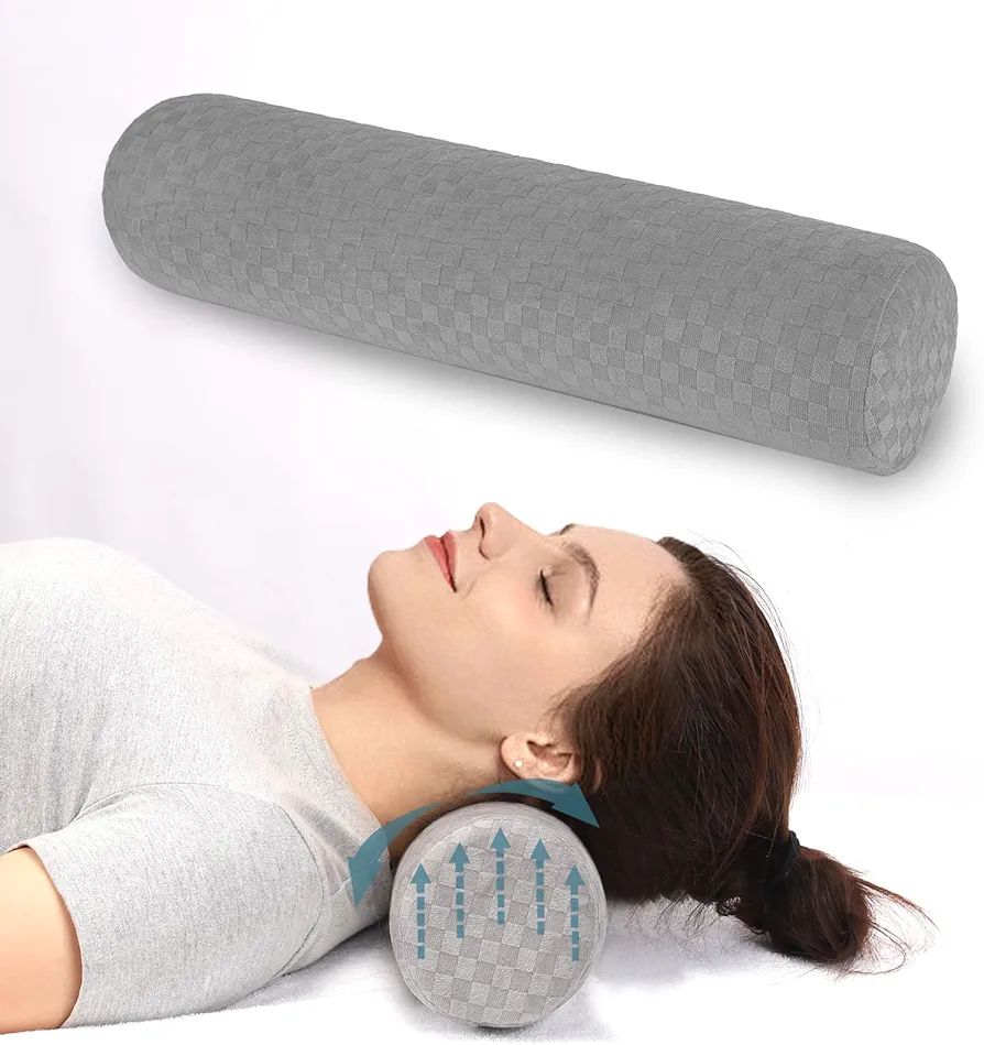 Cervical Neck Roll Foam Pillow, Round Neck Support Pillow for Neck Pain Relief Sleeping, Bolster Pillow for Bed, Ergonomic Pillow for Head, Neck, Back, Legs, and Yoga (Light Grey)