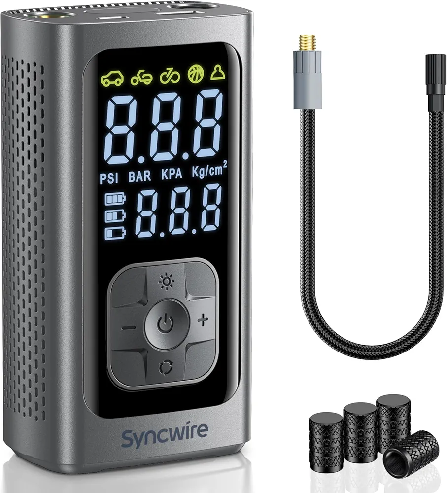 Syncwire Tire Inflator Portable Air Compressor - 150PSI 2X Faster Inflation Smart Air Pump for Car Tires [Extra-Large LCD] with Digital Pressure Gauge, Auto Shut-Off for Car, Motorcycle, Bike & Balls