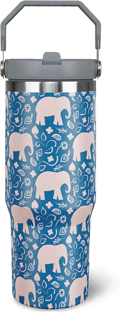 30 oz Elephant Tumbler With Handle and Straw, 30oz Elephant Flip Straw Tumbler Insulated Coffee Travel Mugs Cup Water Bottle Elephant Gifts for Elephant Lovers Women Girls