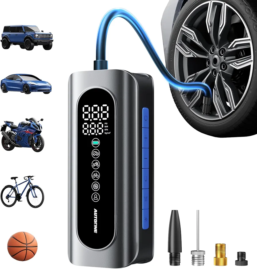 AUTOONE Tire Inflator Portable Air Compressor, 150PSI Air Pump for Car Tires with Tire Pressure Gauge, 3X Faster One Click Smart Cordless Tire Air Pump for Car, Motorcycle, Bike, Ball and More