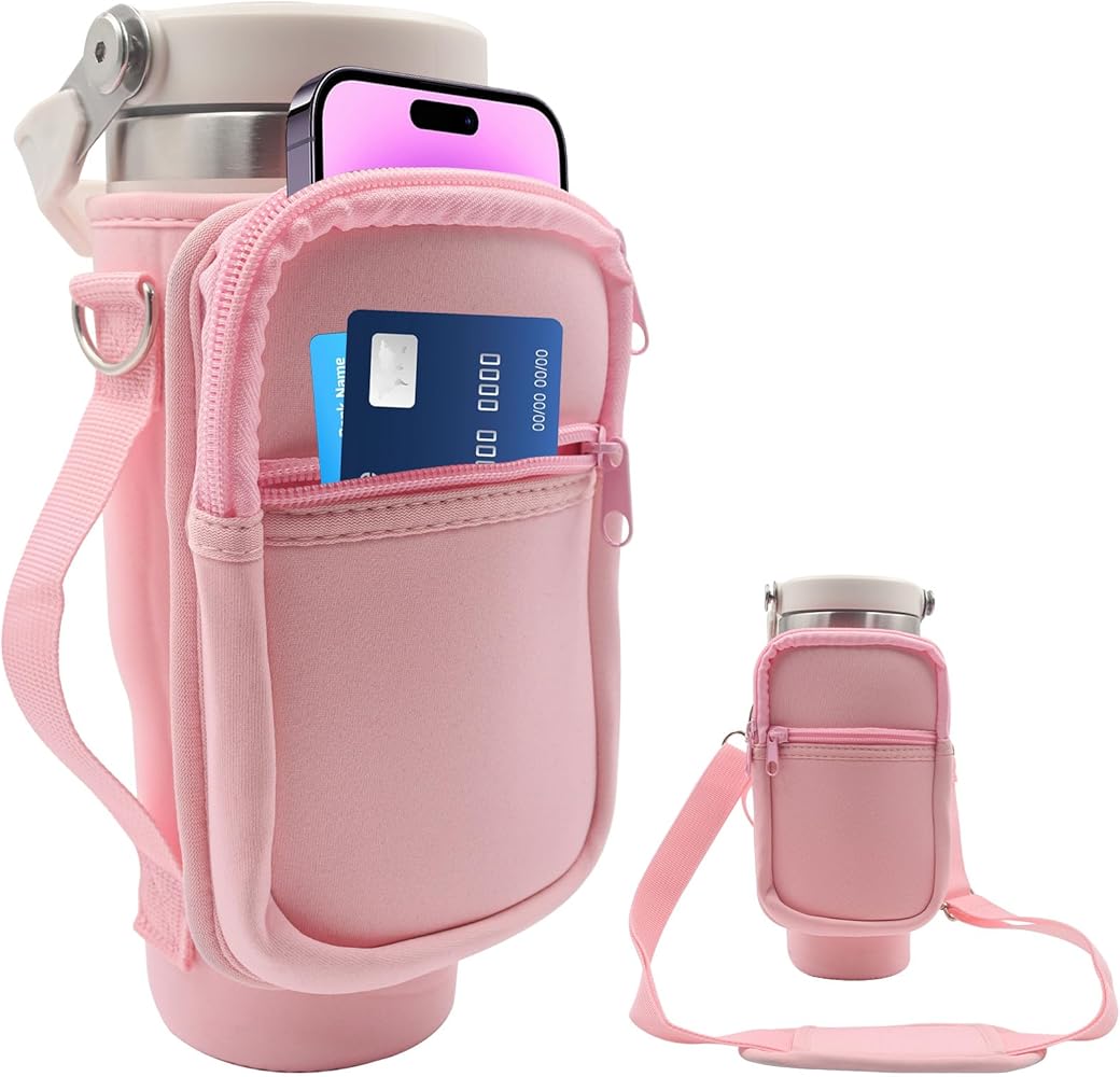 for Stanley Iceflow Flip Straw Tumbler 30 oz, Water Bottle Cup Holder Cover Carrier Sling Bag with Strap, Pouch Pocket for Phone / Accessories, add Handle for Stanley Flip Straw, Neoprene (Pink)