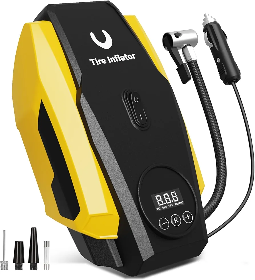 Tire Inflator Portable Air Compressor - Air Pump for Car Tires - 12V DC Compact Tire Pump with Auto Shutoff Function - Multipurpose Car Accessory with LED Light, Yellow, Medium