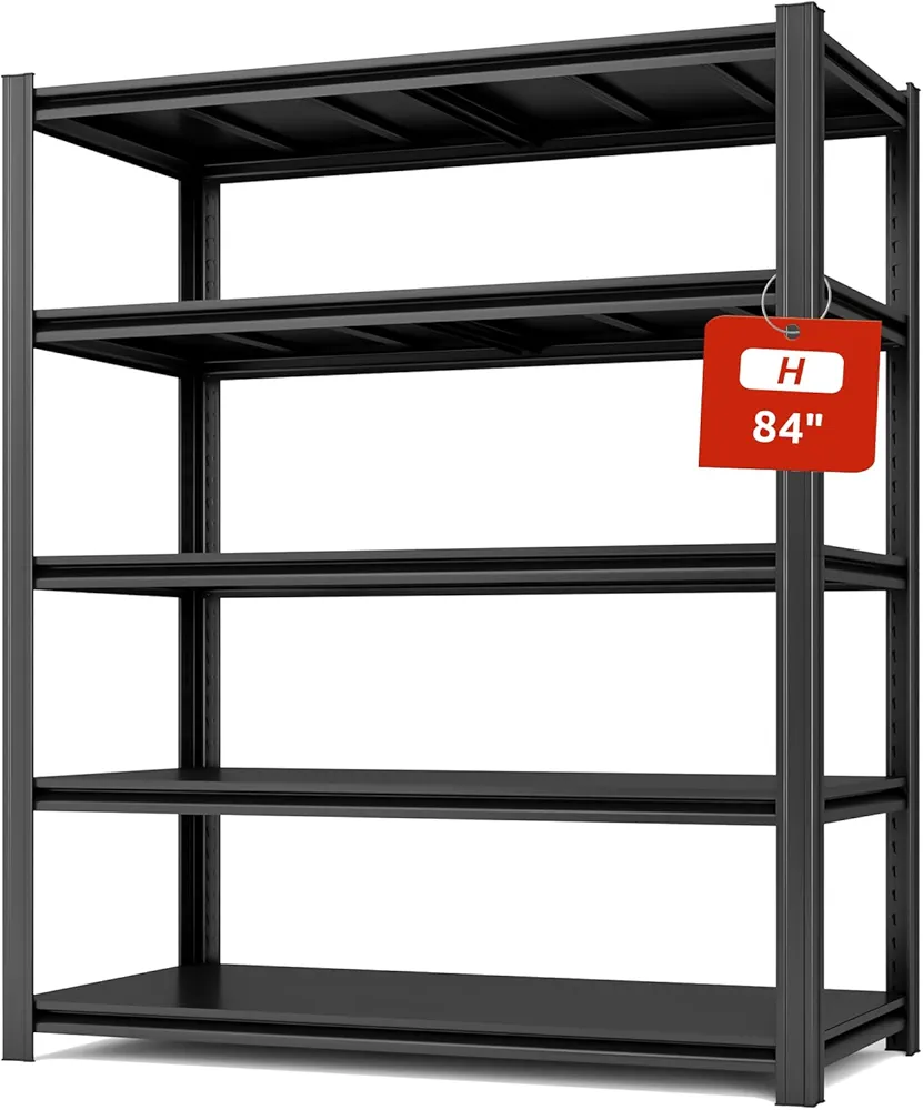 5 Tier Metal Shelving Unit, 84" H x 55" W x 24" D, 3000LBS Adjustable Storage Shelves, Heavy Duty Garage Shelves for Warehouse, Basement, Kitchen, Pantry, Living Room, Black