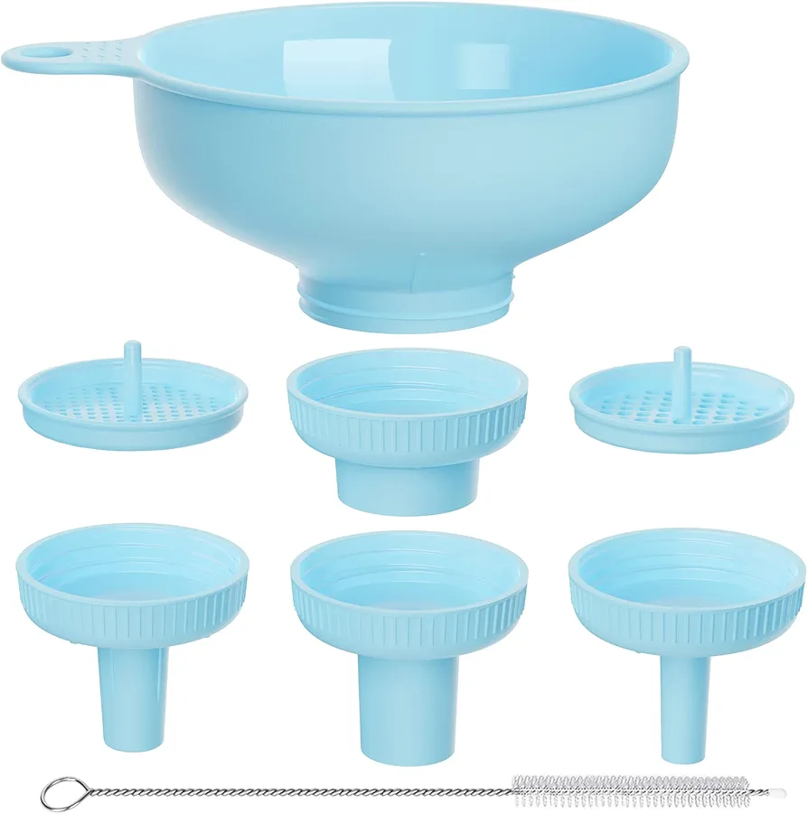 Wide Mouth Versatile Funnel, Canning Funnels for Kitchen Use, Food Grade Plastic Cooking Funnel Set with 4 Size Spouts and 2 Strainers for Filling Different Bottles and Bags, Blue