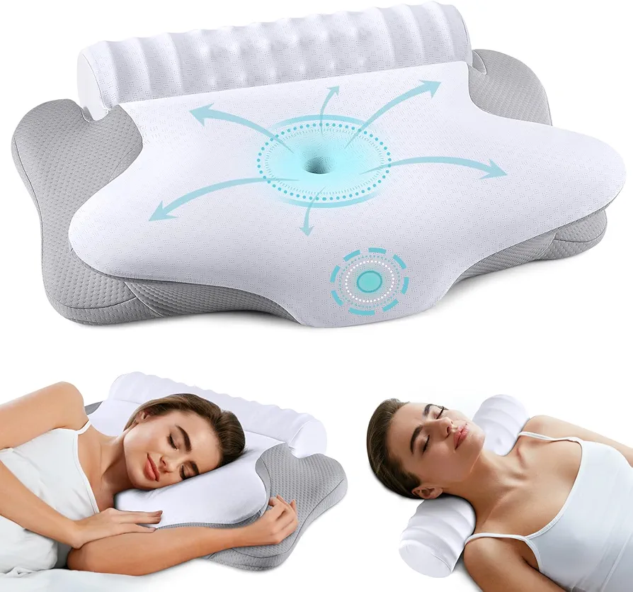 Cervical Neck Pillow and Roll Neck Pillow - 2 in 1 Removable Ergonomic Pillow for Neck Pain Relief, Neck Support Pillows for Sleeping, Memory Foam Pillow for Side, Back & Stomach Sleepers (White)