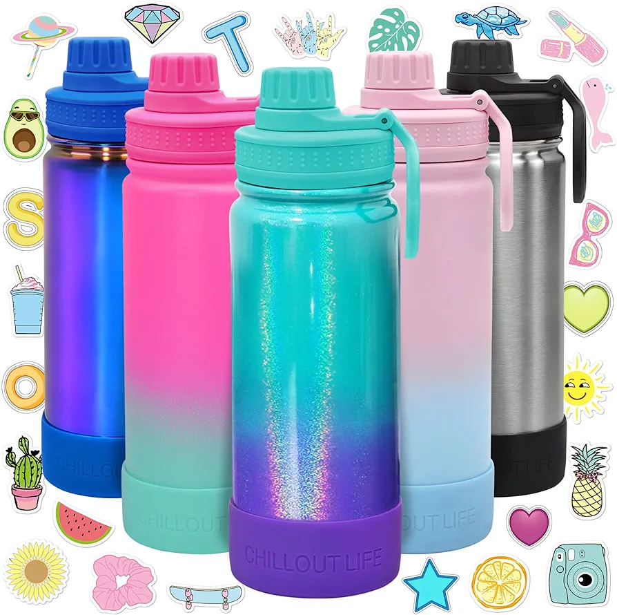 CHILLOUT LIFE 17 oz Kids Insulated Water Bottle for School with Leakproof Spout Lid and Cute Waterproof Stickers, Personalized Stainless Steel Thermos Flask Metal Water Bottle for Girls & Boys