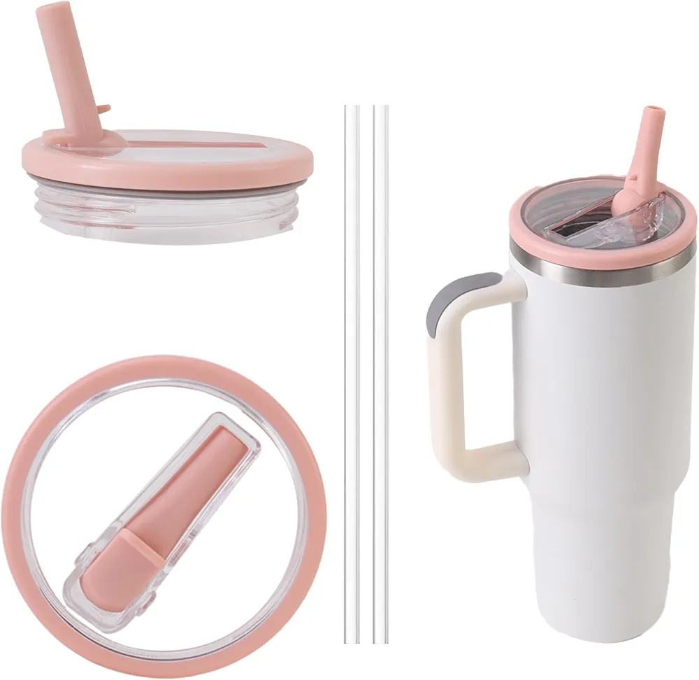 Tumbler Flip Straw Lids Replacement for 40oz Stanley Quencher, 2 Pack Reusable Tumbler Cover Compatible with Stanley Cup Leak-Proof Splash Resistant Tumbler Top Replacement (Pink)