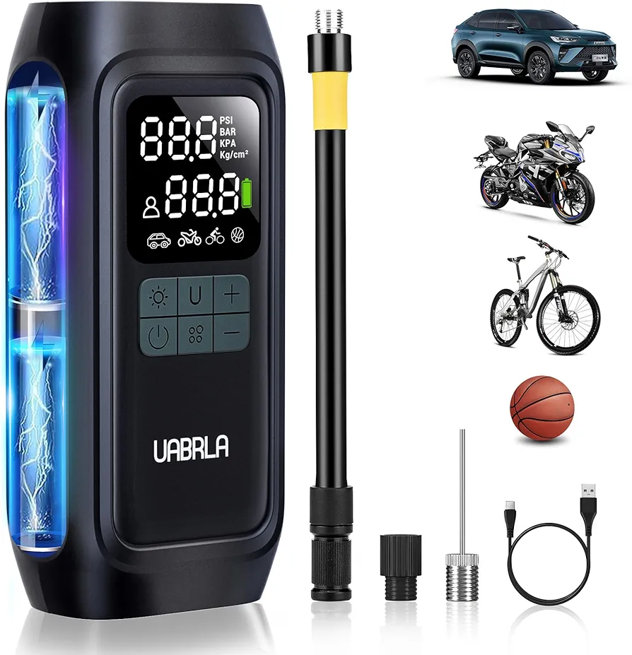 UABRLA Tire Inflator Portable Air Compressor, 20000mAh & 2X Faster Inflation Electric Air Pump for Car Tires, Cordless Auto-Off Bike Tire Pump with Pressure Gauge for Car, Motorcycle, Ball