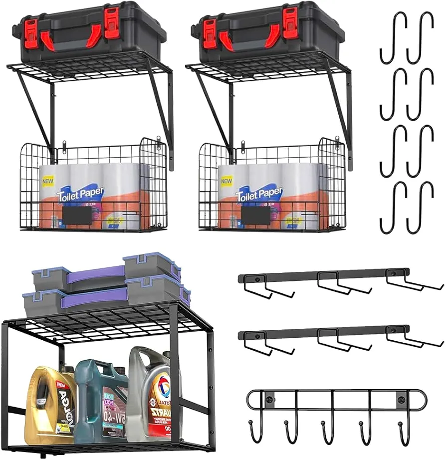 Garage Shelf Wall Mounted with Wire baskets, Heavy Duty Garage Wall Shelving with Garden Tool Storage und Hooks, Wire Shelf Baskets for Home Garden Garage Organization and Storage