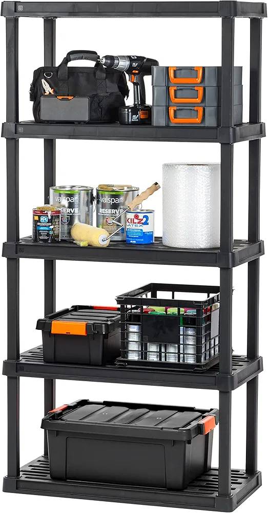 IRIS USA 5-Tier Heavy Duty Plastic Shelving Unit, 73" Tall - 100lbs per Shelf, Modular Garage Rack Storage Organizer for Home, Basement, Laundry & Utility Room, 18"D x 36"W x 73"H - Black