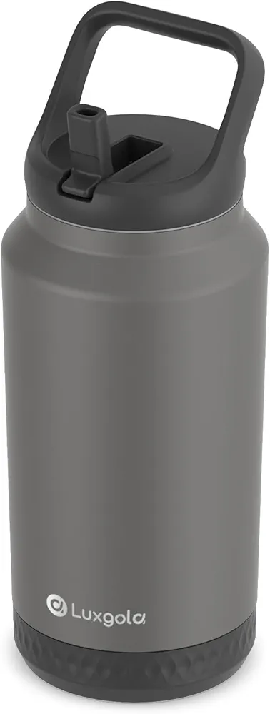 64oz Insulated Water Bottle, Half Gallon Stainless Steel Vacuum Tumbler with Flip Straw Lid and Top Handle, Keeps Drinks Cold/Hot, Wide Mouth, Leak Proof, BPA-free, Non-slip Base (Carbon Gray)